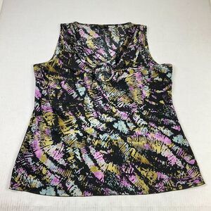 Spense Sleeveless Blouse Colorful Shirt Pleated Bow V-Neck Lightweight Top Large